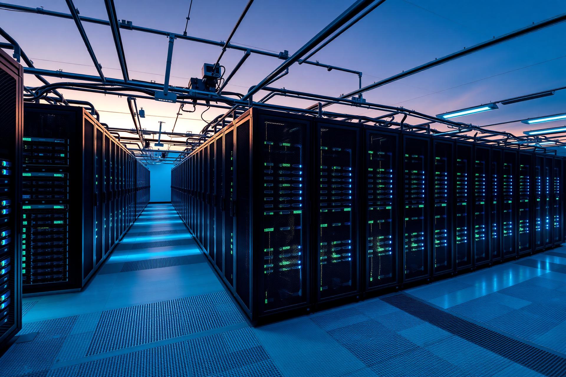 Modern data center facility at dusk